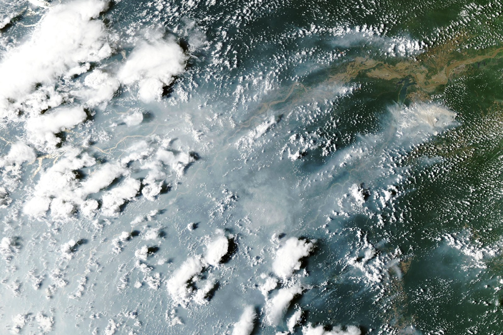 Asap Amazon dalam citra MODIS/Aqua, 12 Oktober 2026. Warna dan tampilan mengikuti visualisasi NASA.