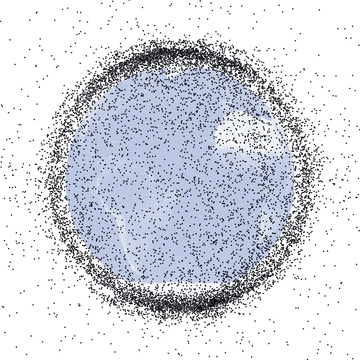 Visualisasi benda-benda orbit rendah Bumi yang dibuat Orbital Debris Program Office pada 2009. Ilustrasi tidak berskala dan bukan foto misi SSPICY; gambar dipotong, diperkecil, dan dikonversi ke JPEG.