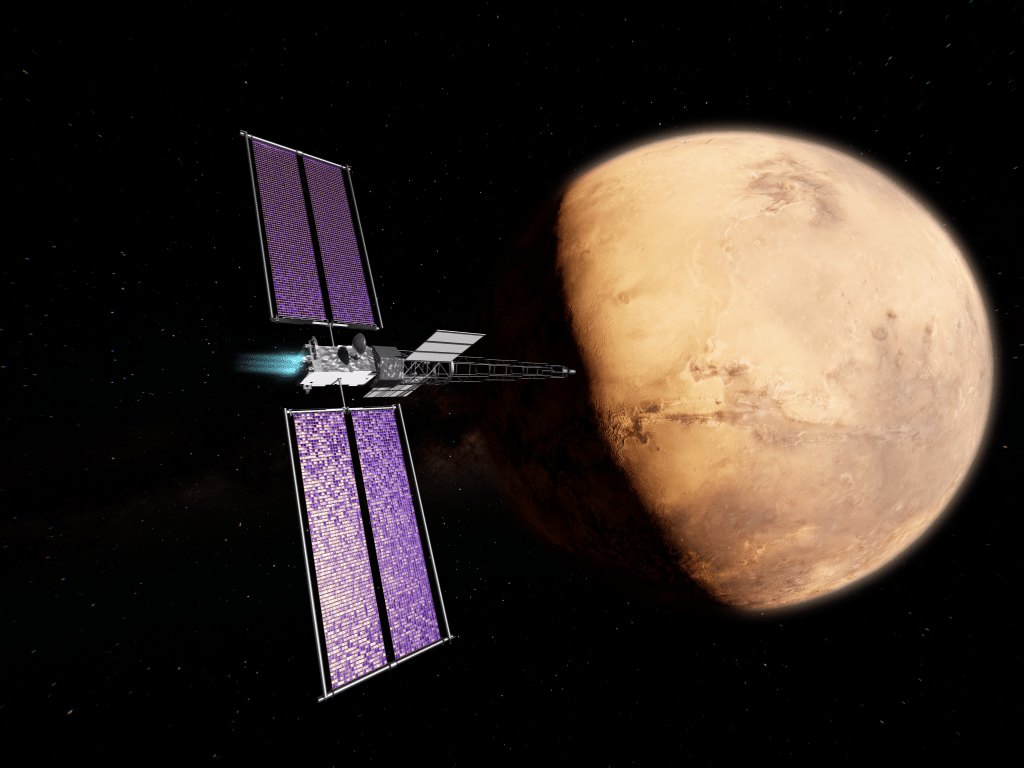 Konsep artis wahana Space Reactor-1 Freedom di dekat Mars, dimuat pada laman Divisi Reaktor Antariksa NASA yang diperbarui 1 Oktober 2026. Gambar diperkecil dan dikonversi ke JPEG; isi tidak diubah.