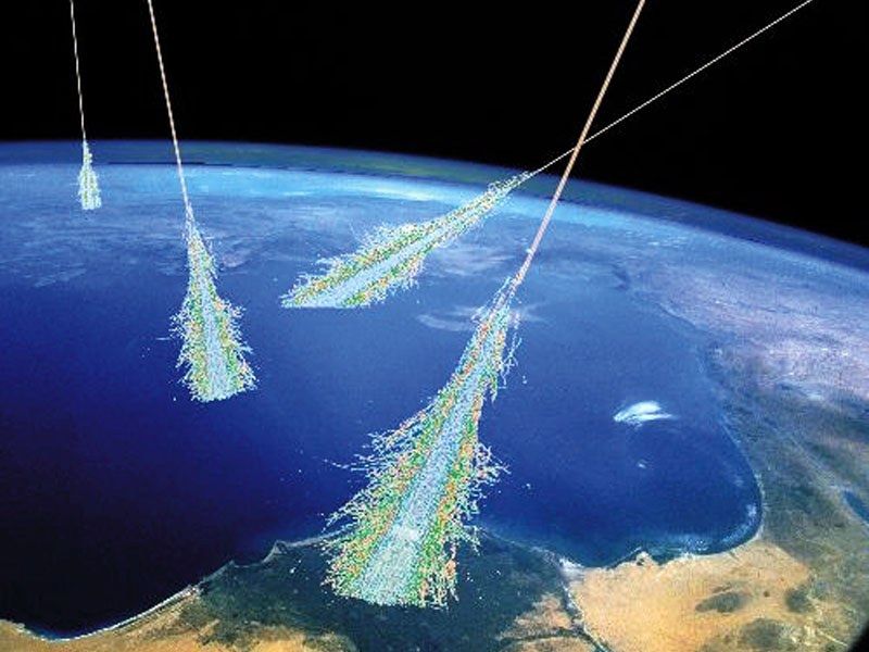 Ilustrasi pancuran partikel ketika sinar kosmik berenergi tinggi memasuki atmosfer Bumi. Tanggal sumber: 2006.