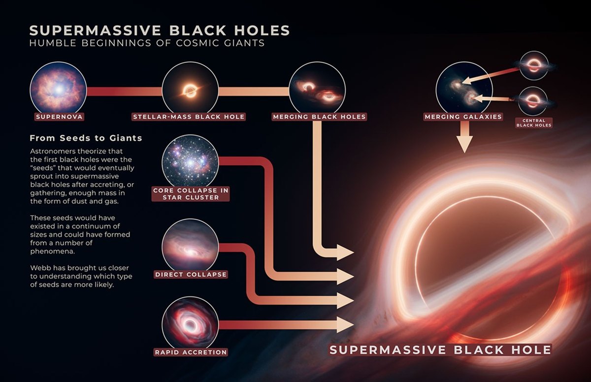 Infografik jalur pembentukan dan pertumbuhan lubang hitam supermasif, dirilis NASA pada 9 Oktober 2026. Gambar diperkecil dan dikompresi ke JPEG tanpa mengubah isi.
