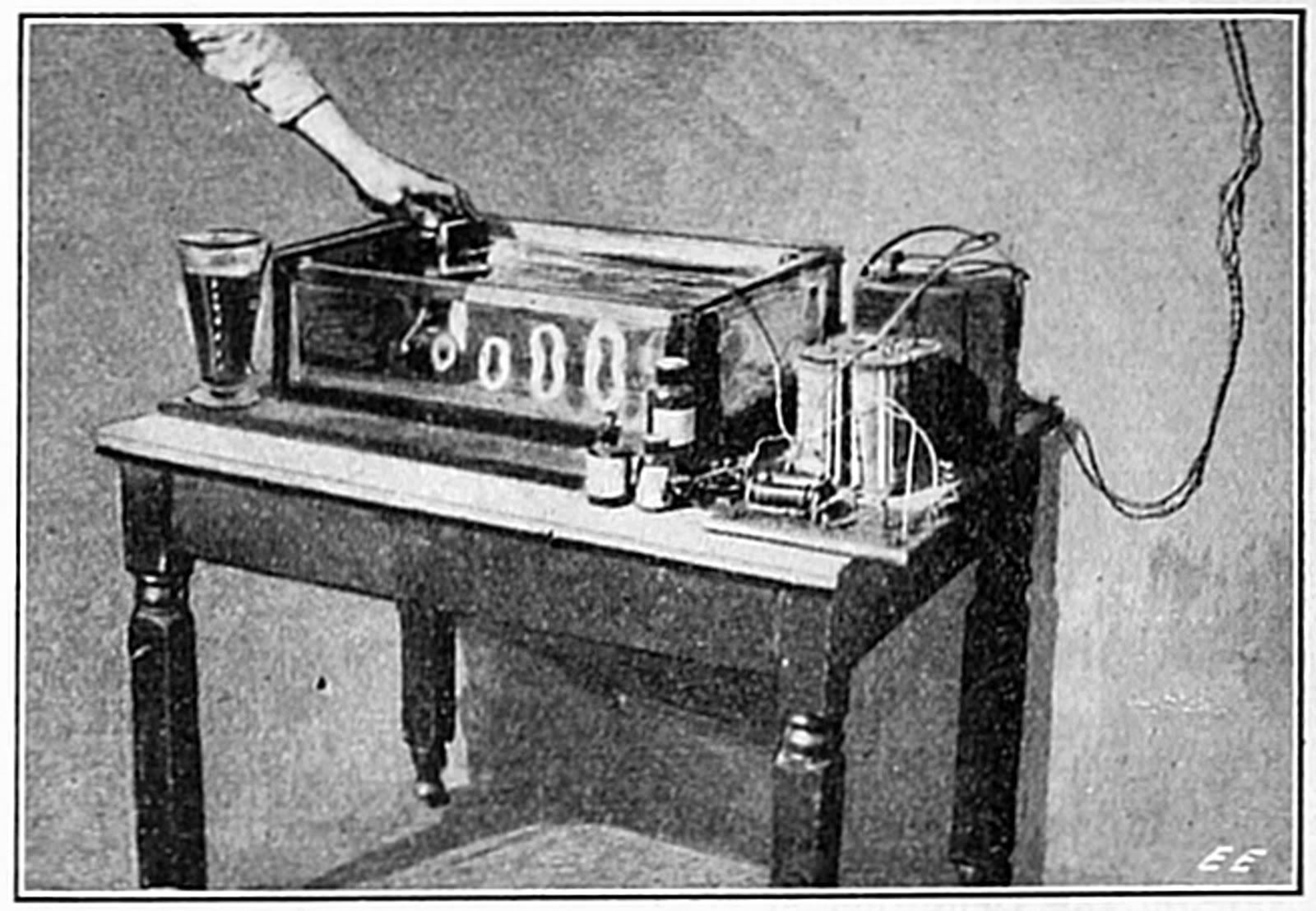 Ilustrasi aparatus cincin vorteks dari Electrical Experimenter edisi 1919 menurut metadata berkas. Ilustrasi bersifat historis, bukan petunjuk keselamatan modern; gambar diubah ukuran dan dikonversi ke JPEG.