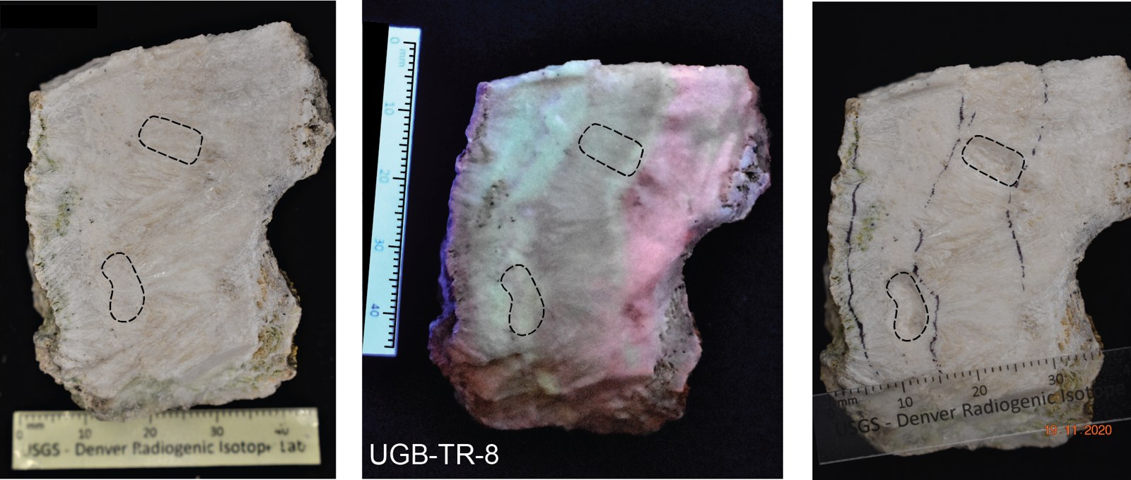 Sampel travertin Hillside Springs Group, Yellowstone, dalam tiga panel pemeriksaan. Dokumentasi Lauren Harrison/USGS, halaman terbit 22 April 2021; tanggal pemotretan tidak dirinci. Panel tengah memakai pencitraan inframerah gelombang pendek.