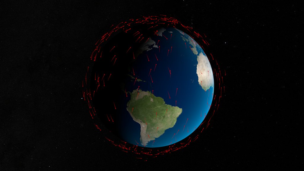 Visualisasi sisa tumbukan Cosmos 2251 dan Iridium 33 yang masih berada di orbit pada Februari 2024. Gambar diperkecil dan disimpan ulang sebagai JPEG tanpa mengubah isi visual.