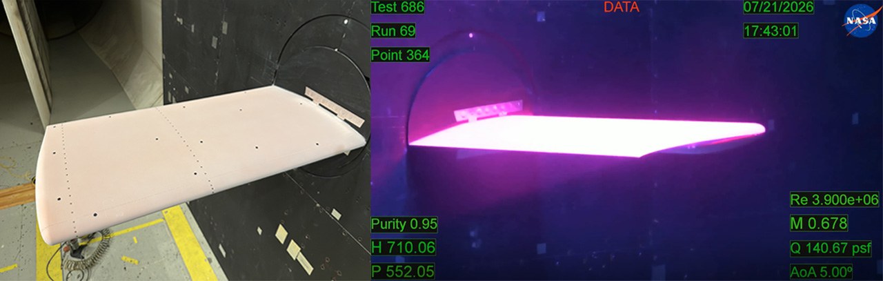 Perbandingan foto Benchmark Supercritical Wing sebelum dan saat penyinaran pada uji NASA Langley. Diterbitkan 2 Oktober 2026; tanggal pemotretan tidak disebutkan. Warna bercahaya terkait metode pengukuran.