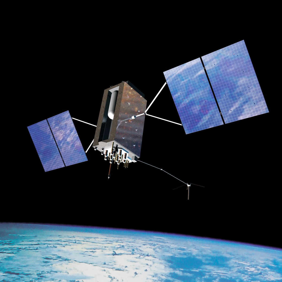 Ilustrasi satelit GPS Block IIIA yang diterbitkan Angkatan Udara Amerika Serikat, 25 Agustus 2010. Gambar diubah ukuran dan dikonversi ke JPEG.