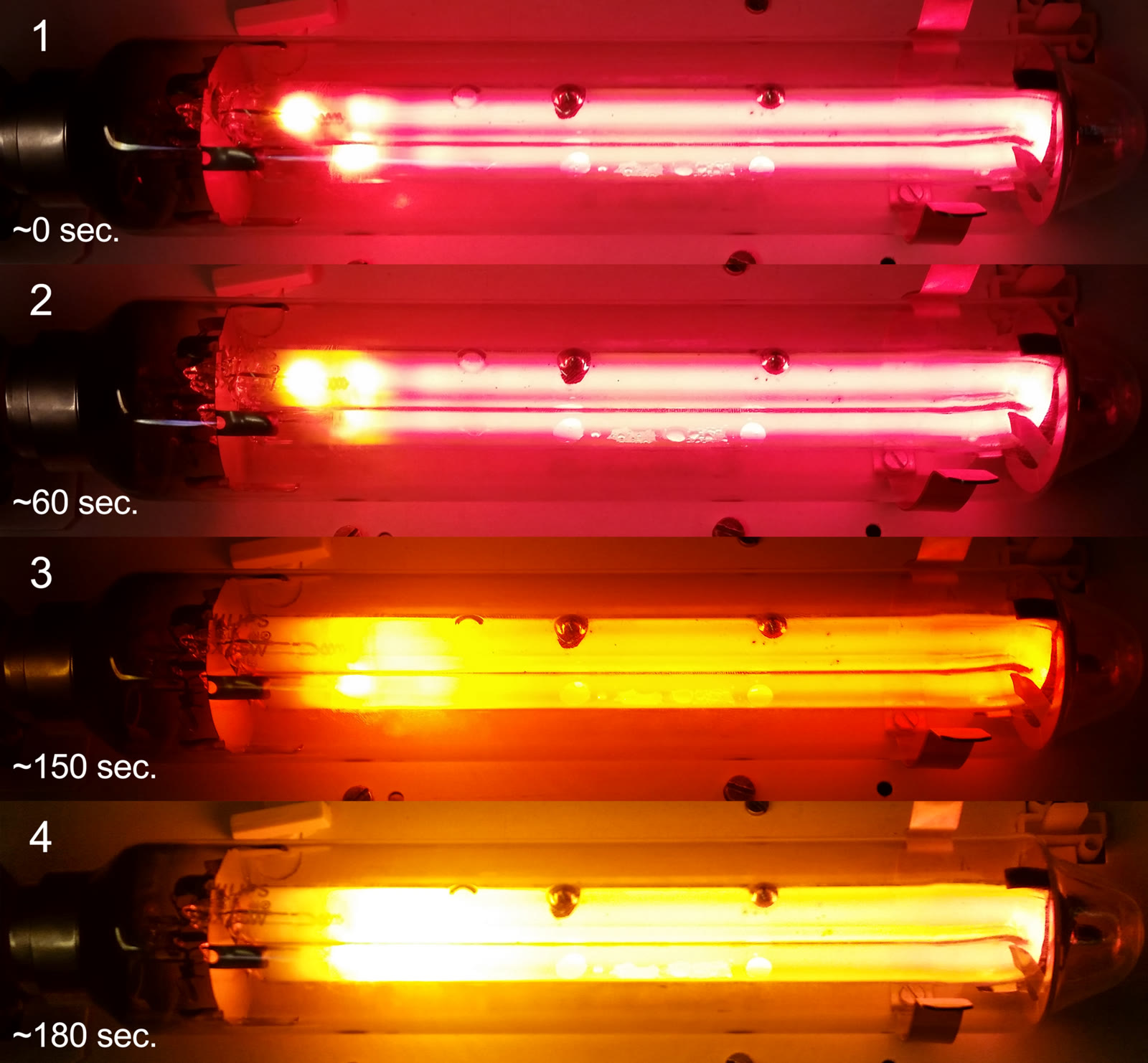 Urutan pemanasan lampu natrium tekanan rendah Philips SOX 35 W, 28 Januari 2018. Dokumentasi satu model; gambar diubah ukuran dan dikonversi ke JPEG.