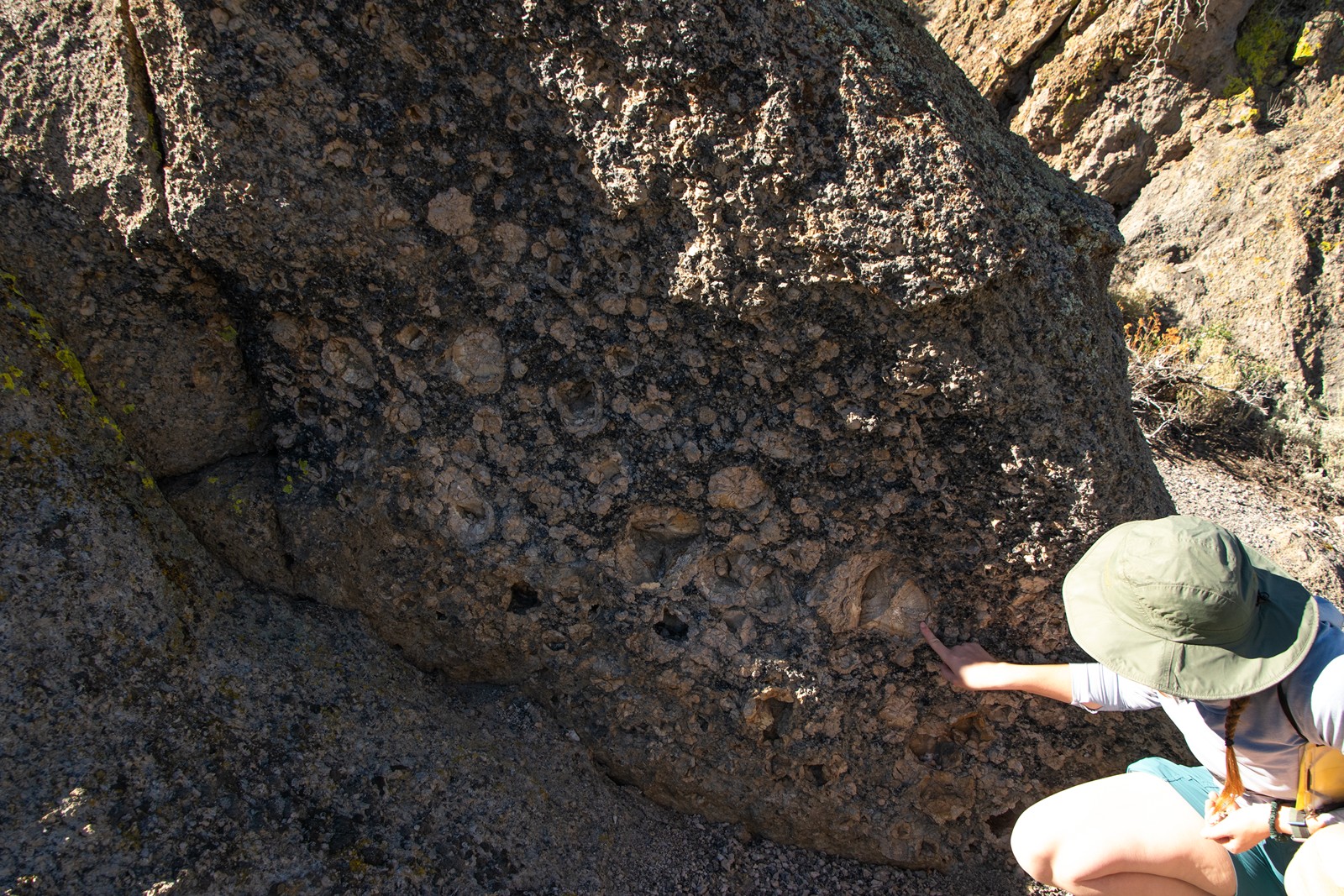 Ahli geologi menunjuk sferulit pada riolit Hot Creek, Long Valley Caldera, California. Foto Jessica Ball/USGS; halaman foto bertanggal 31 Agustus 2023, tanpa tanggal pemotretan tersendiri. Bukan dokumentasi erupsi terkini.