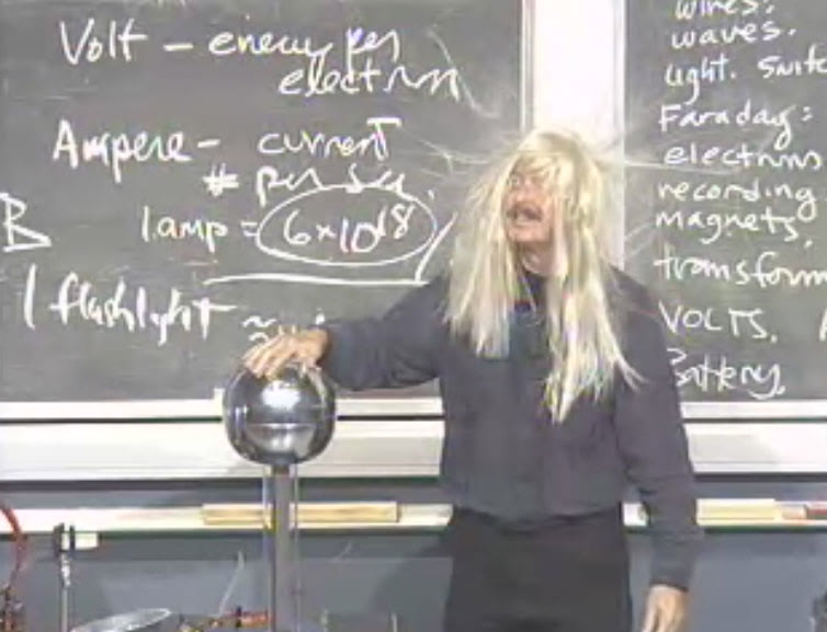 Richard A. Muller mendemonstrasikan generator Van de Graaff dalam kelas pada 4 Maret 2008. Foto: Drbaker171; halaman foto: https://commons.wikimedia.org/wiki/File:Muller_Van_de_Graaff_generator_demonstration.jpg; status domain publik tercantum pada halaman foto. Perubahan: diperkecil dan dikonversi ke JPEG.