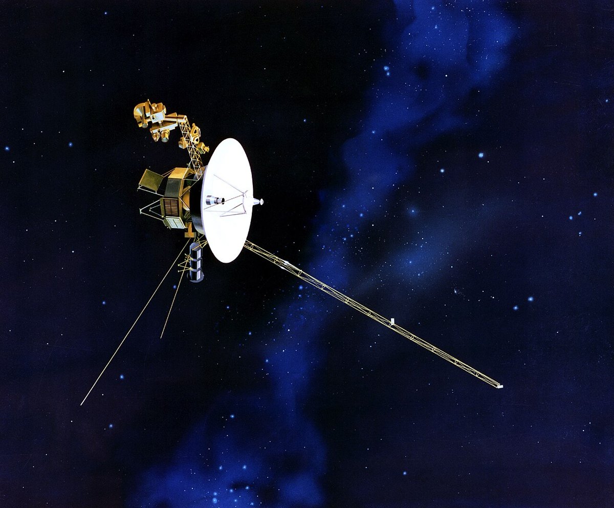 Ilustrasi wahana Voyager yang diterbitkan NASA/JPL, 1 Januari 1990. Gambar ilustrasi misi; berkas diubah ukuran dan dikonversi ke JPEG.