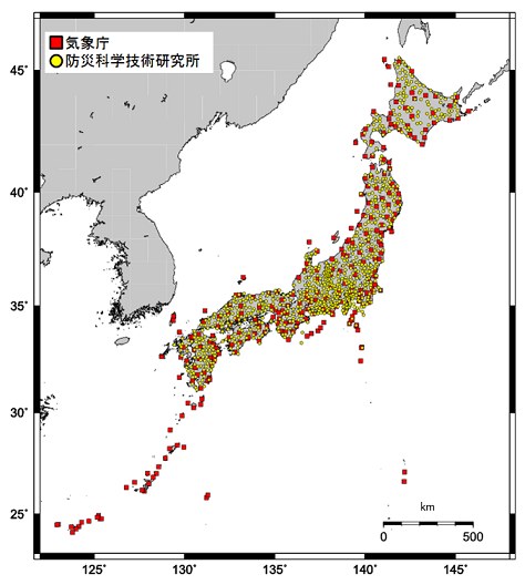 Peta sebaran stasiun seismograf untuk sistem peringatan dini gempa Jepang, dibuat 1 April 2018. Gambar ilustrasi jaringan sensor Jepang; bukan peta proyek E2E EEWRS di Indonesia.